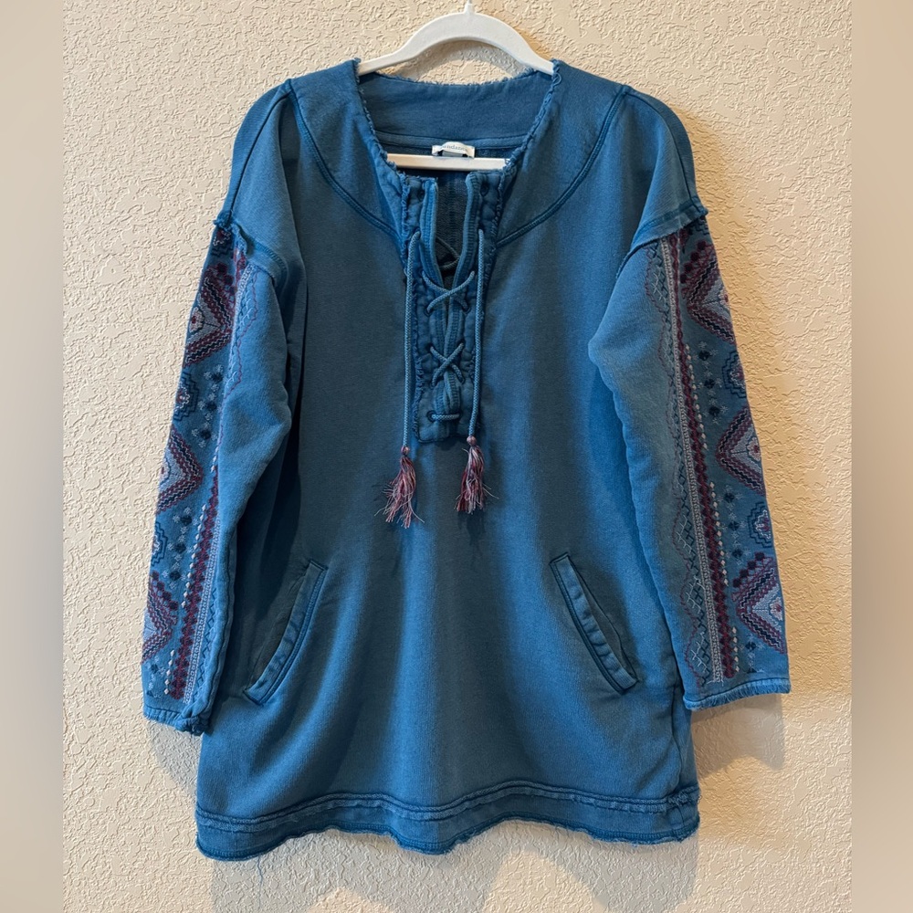 Sundance Blue Embroidered Pullover Boho Lace Up Sweatshirt, Size Medium - Picture 2 of 14